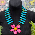 Adorned Crown Jewelry assemblage neon pink enamel flower teal shell necklace