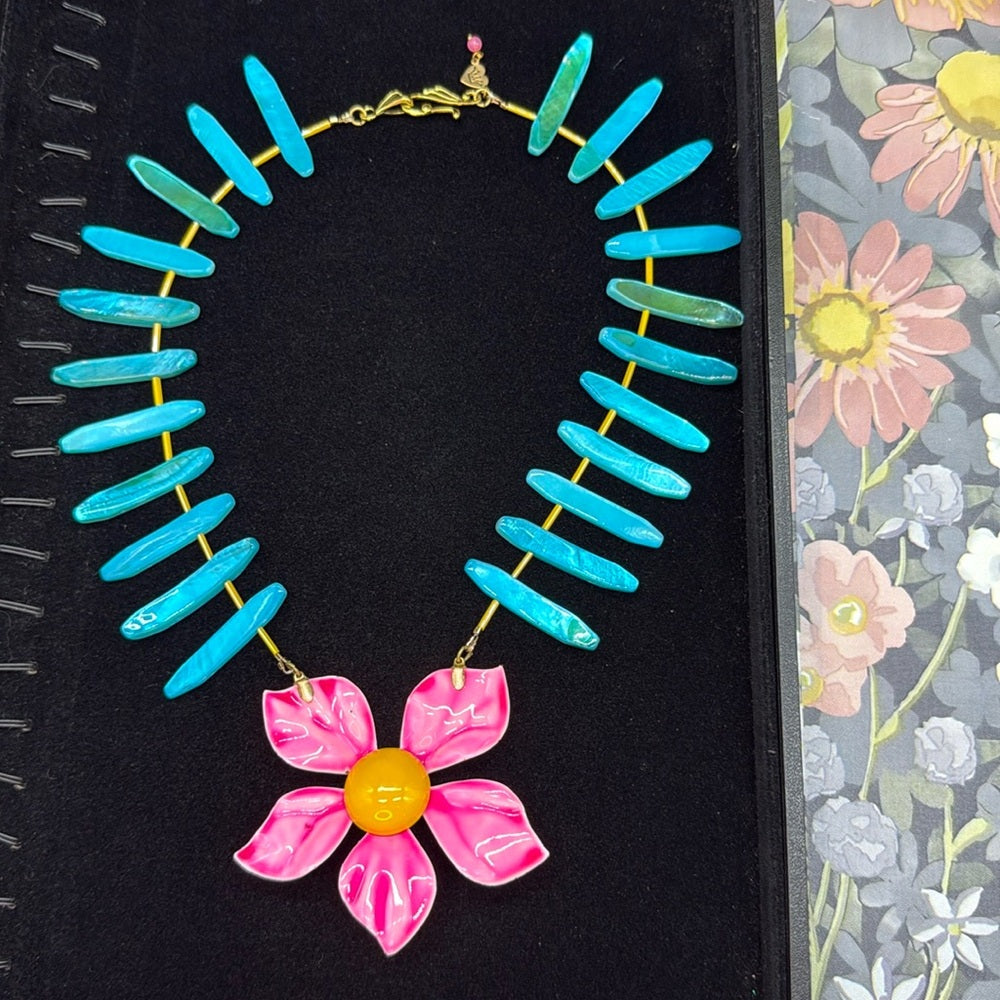 Adorned Crown Jewelry assemblage neon pink enamel flower teal shell necklace