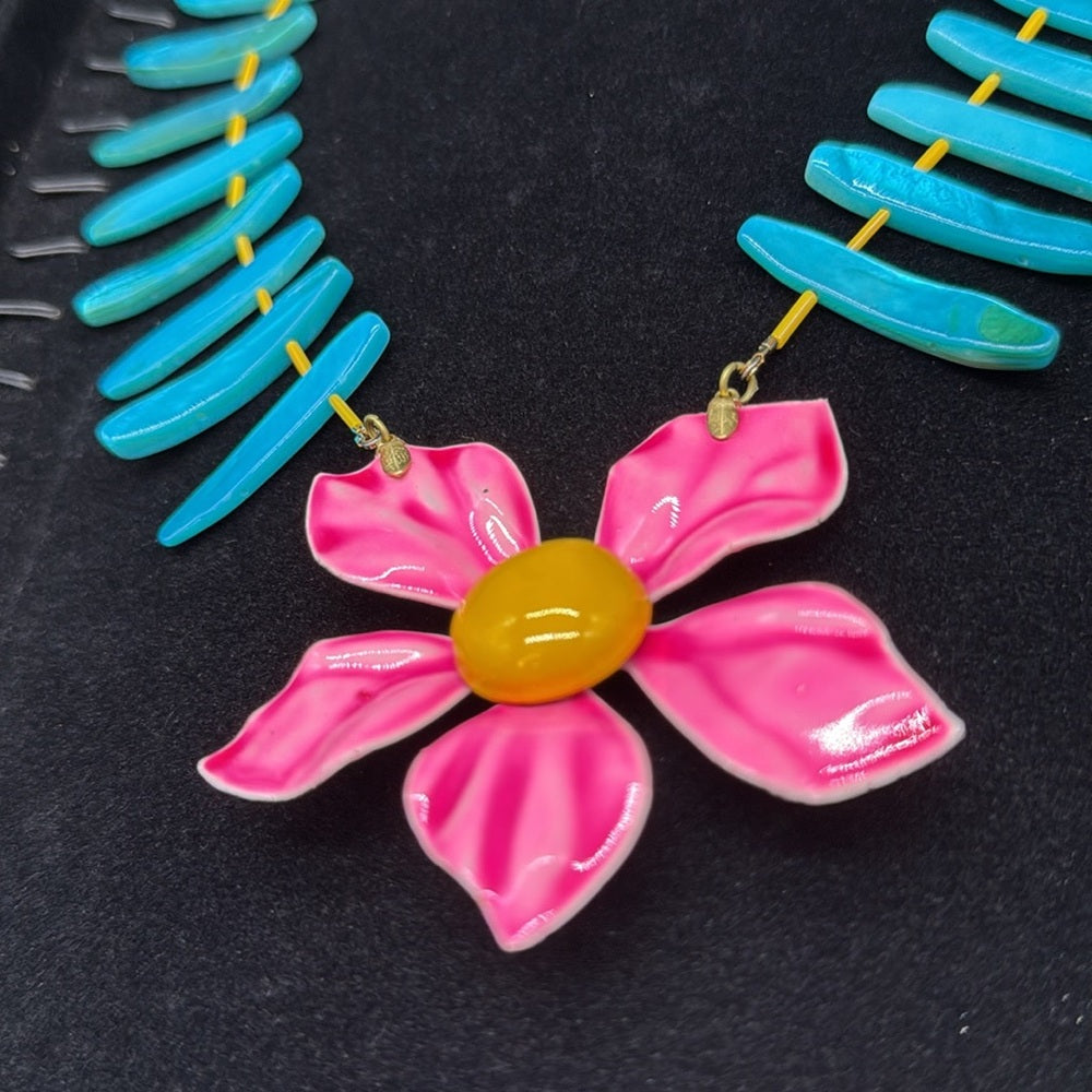 Adorned Crown Jewelry assemblage neon pink enamel flower teal shell necklace