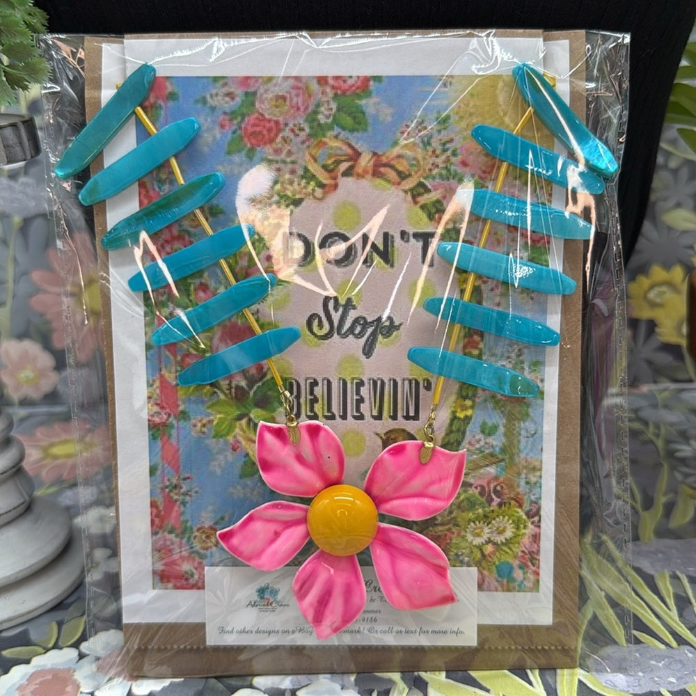 Adorned Crown Jewelry assemblage neon pink enamel flower teal shell necklace