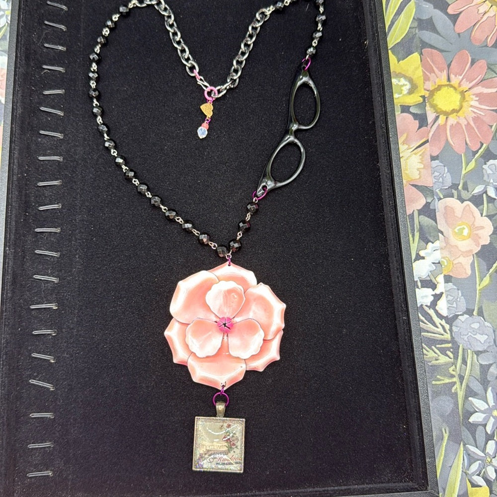 Adorned Crown Jewelry assemblage pink enamel flower kindness glasses necklace