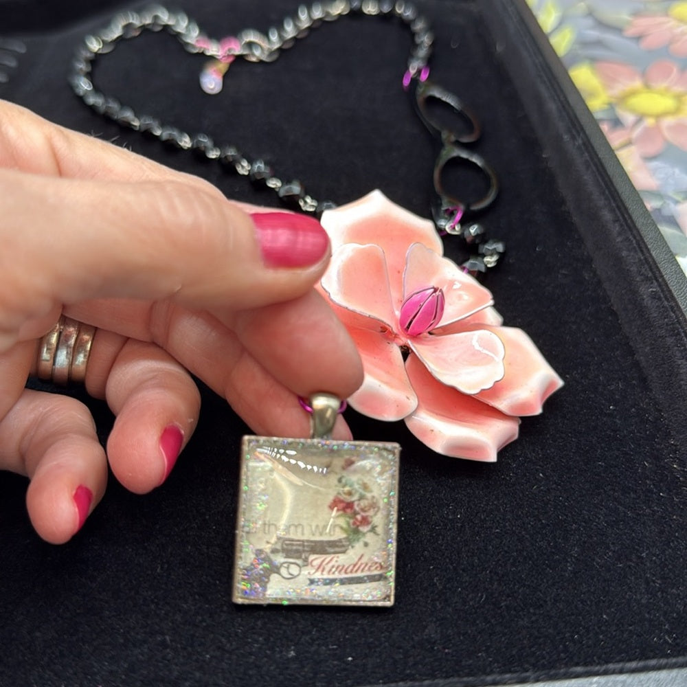 Adorned Crown Jewelry assemblage pink enamel flower kindness glasses necklace