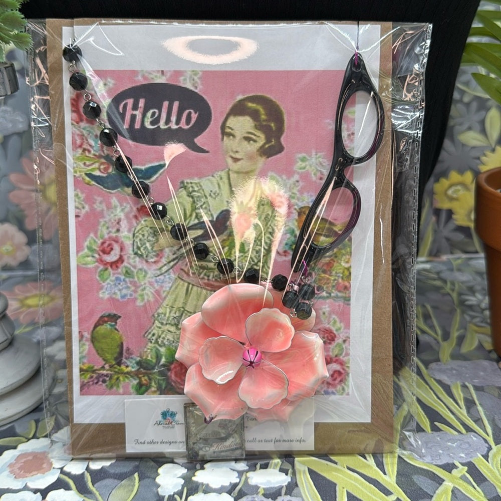 Adorned Crown Jewelry assemblage pink enamel flower kindness glasses necklace