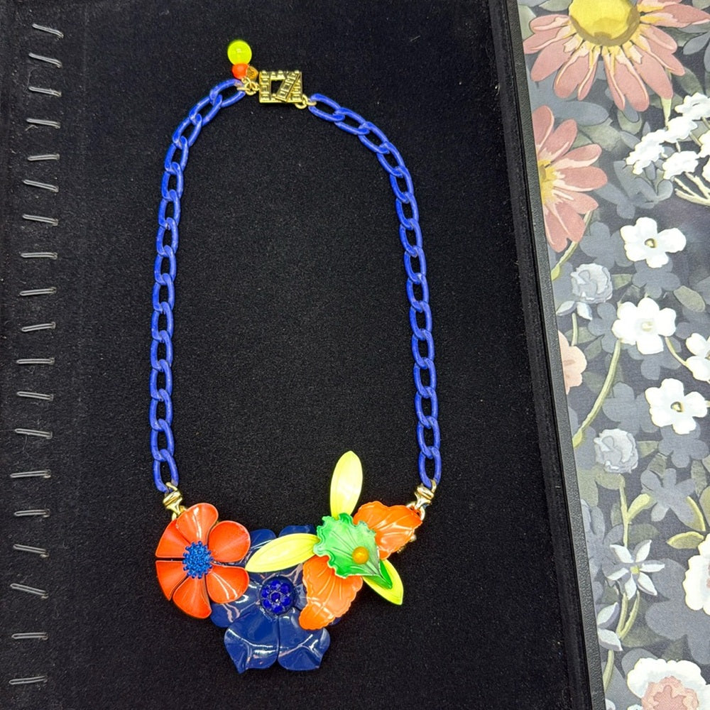 Adorned Crown Jewelry assemblage neon enamel flower blue orange bib necklace