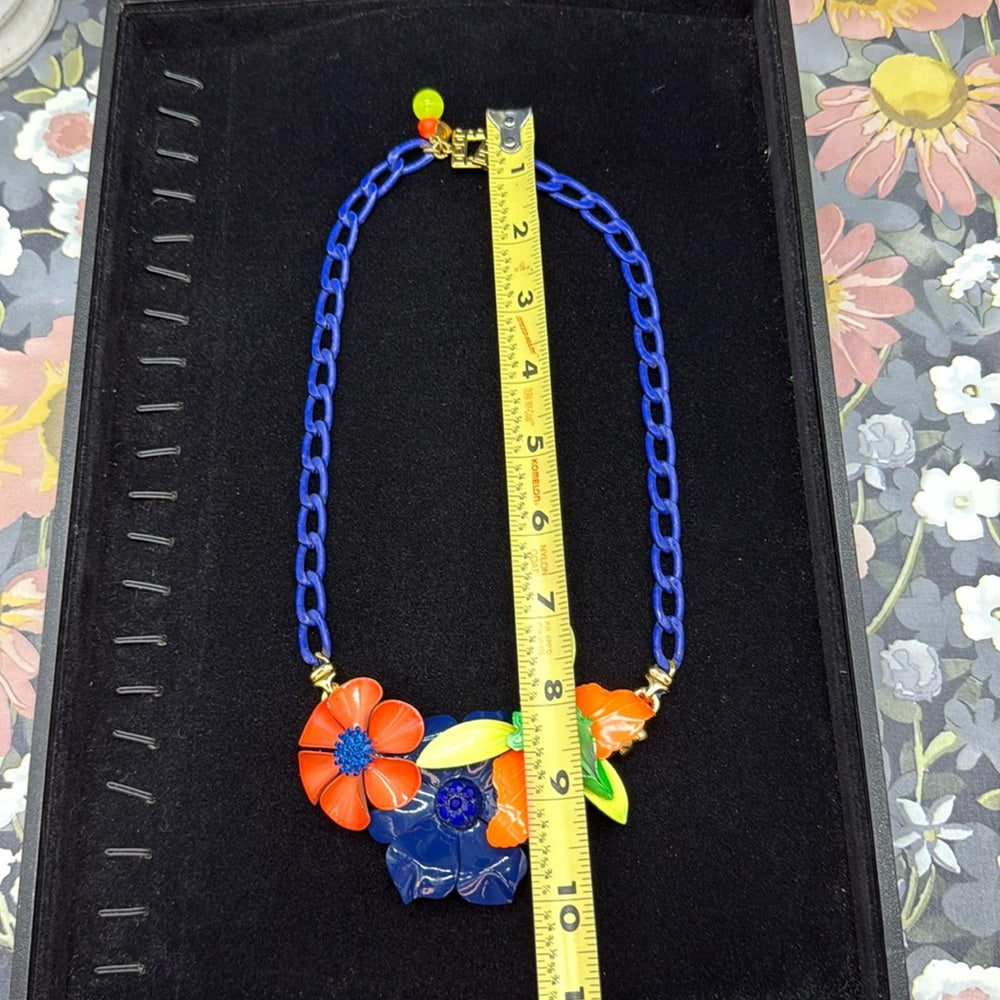 Adorned Crown Jewelry assemblage neon enamel flower blue orange bib necklace