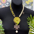 Adorned Crown Jewelry assemblage lemon rhinestone faux pearl flower necklace
