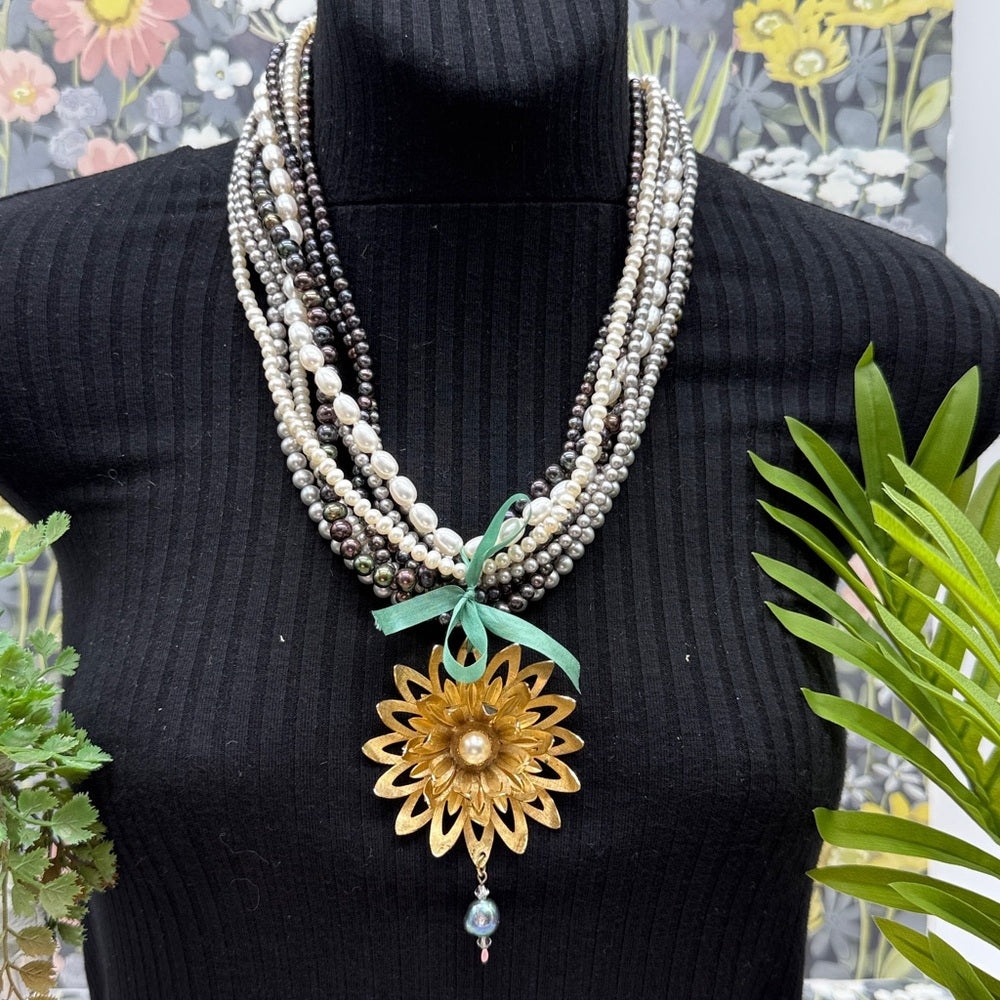 Adorned Crown Jewelry multi strand pearl green ribbon daisy necklace