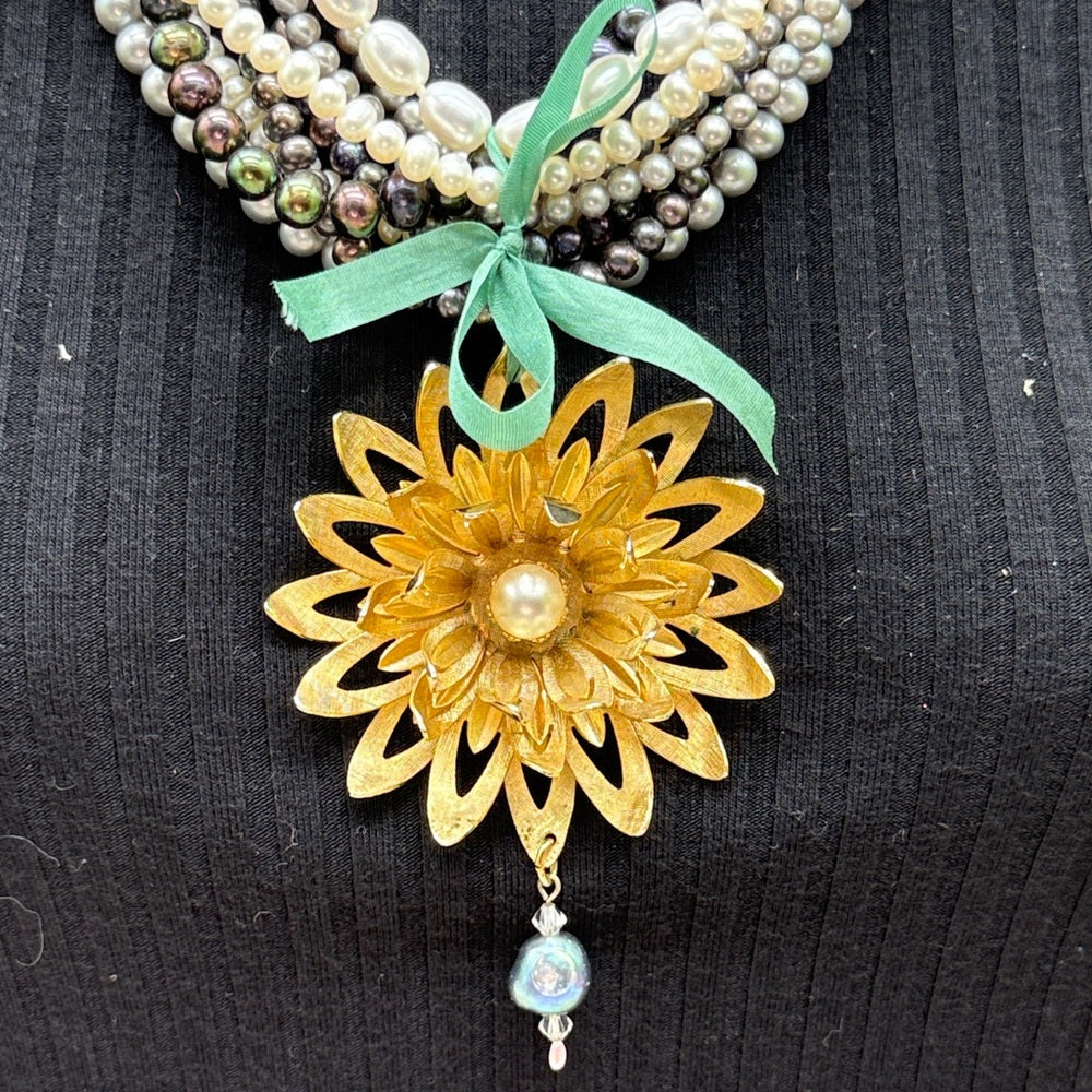 Adorned Crown Jewelry multi strand pearl green ribbon daisy necklace