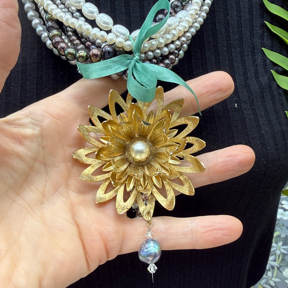 Adorned Crown Jewelry multi strand pearl green ribbon daisy necklace