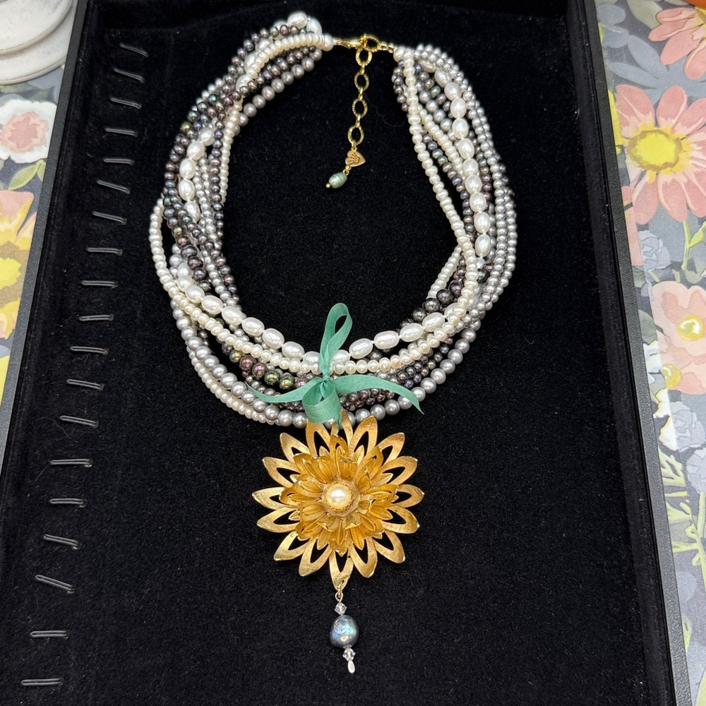Adorned Crown Jewelry multi strand pearl green ribbon daisy necklace