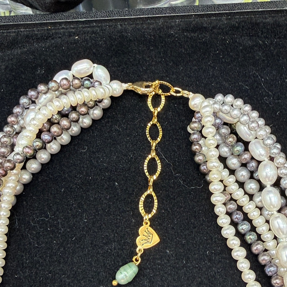 Adorned Crown Jewelry multi strand pearl green ribbon daisy necklace