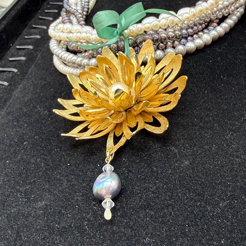 Adorned Crown Jewelry multi strand pearl green ribbon daisy necklace