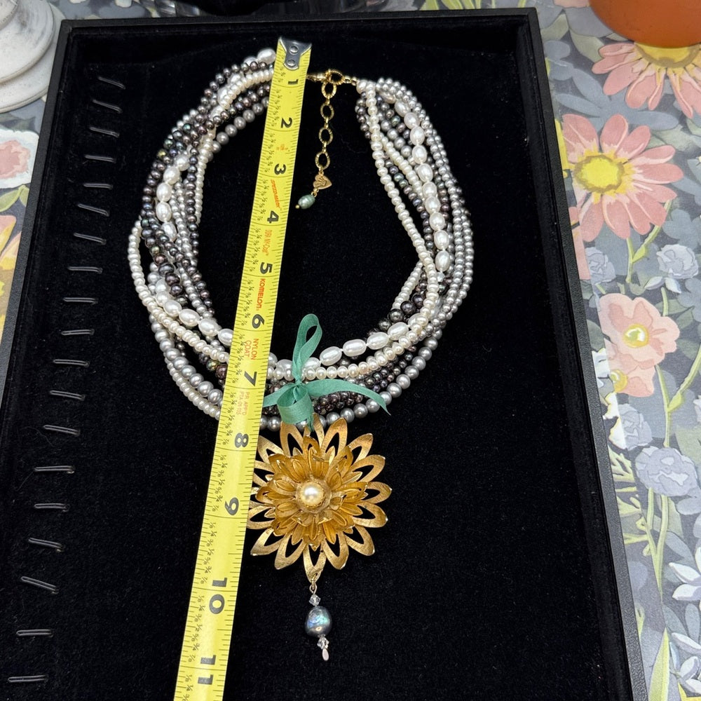 Adorned Crown Jewelry multi strand pearl green ribbon daisy necklace