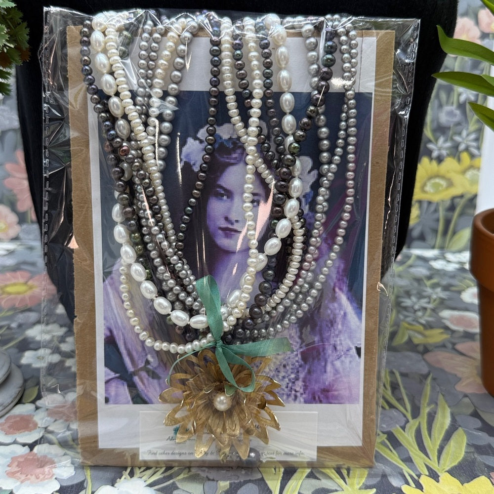 Adorned Crown Jewelry multi strand pearl green ribbon daisy necklace