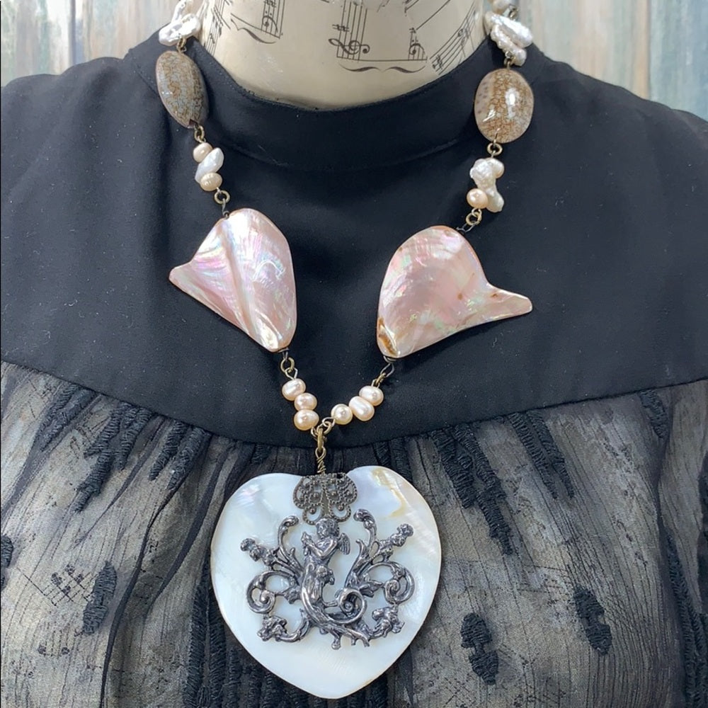 Adorned Crown Artisan assemblage shell heart pearl silver nymph necklace