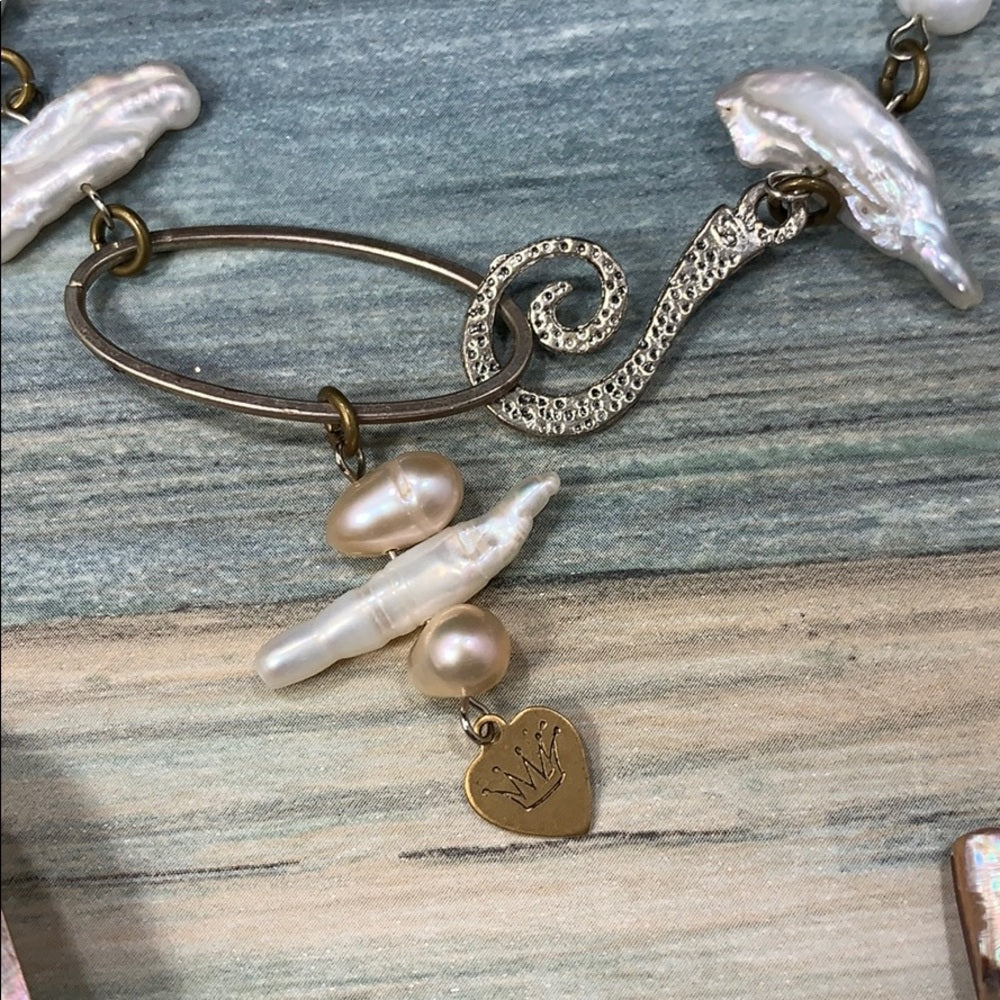 Adorned Crown Artisan assemblage shell heart pearl silver nymph necklace