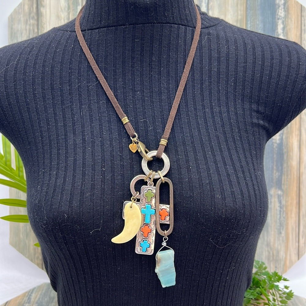Adorned crown artisan assemblage turquoise cross bone larimar drop necklace