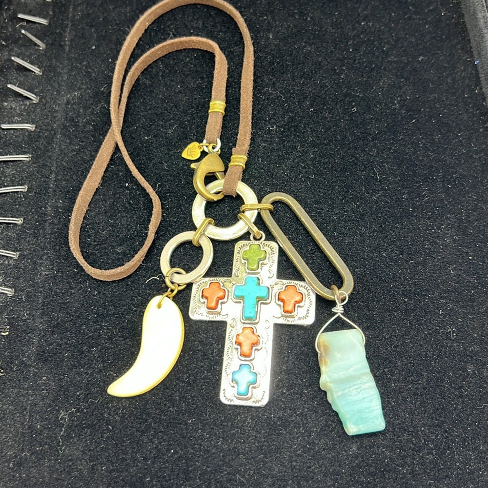 Adorned crown artisan assemblage turquoise cross bone larimar drop necklace
