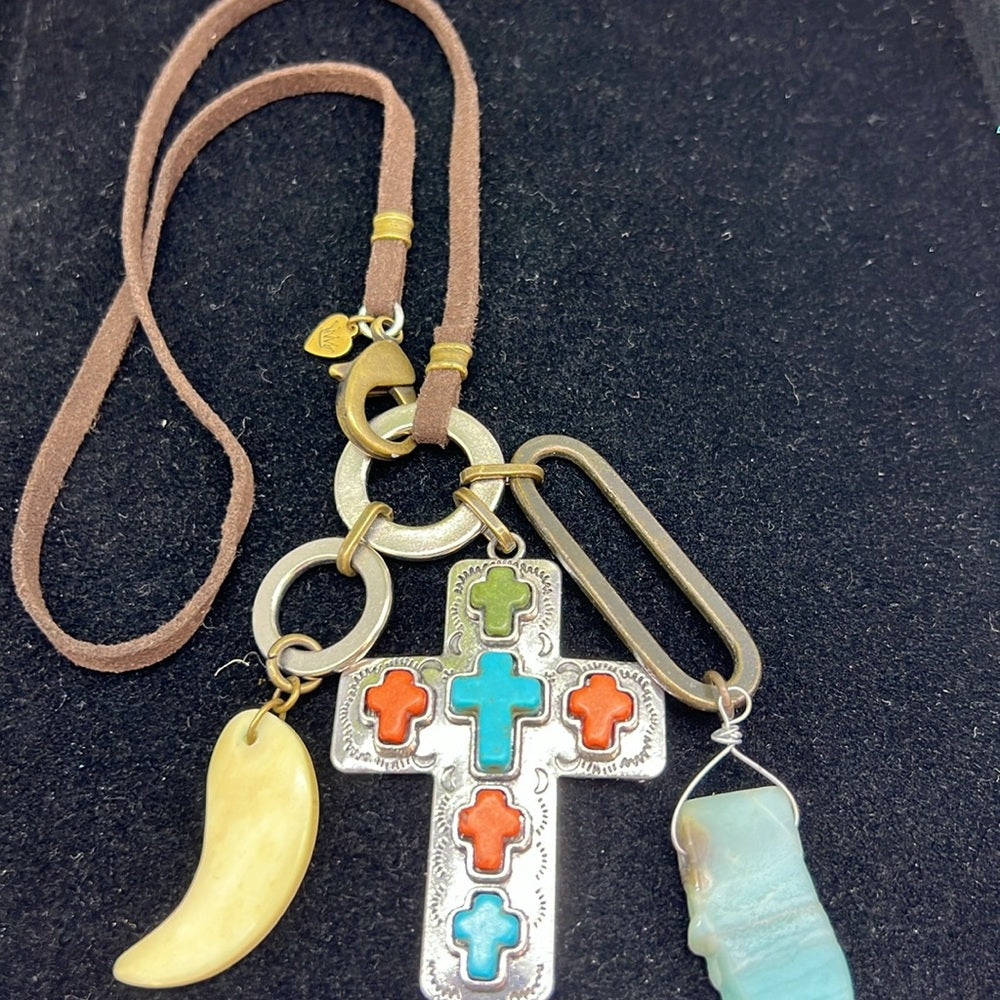 Adorned crown artisan assemblage turquoise cross bone larimar drop necklace