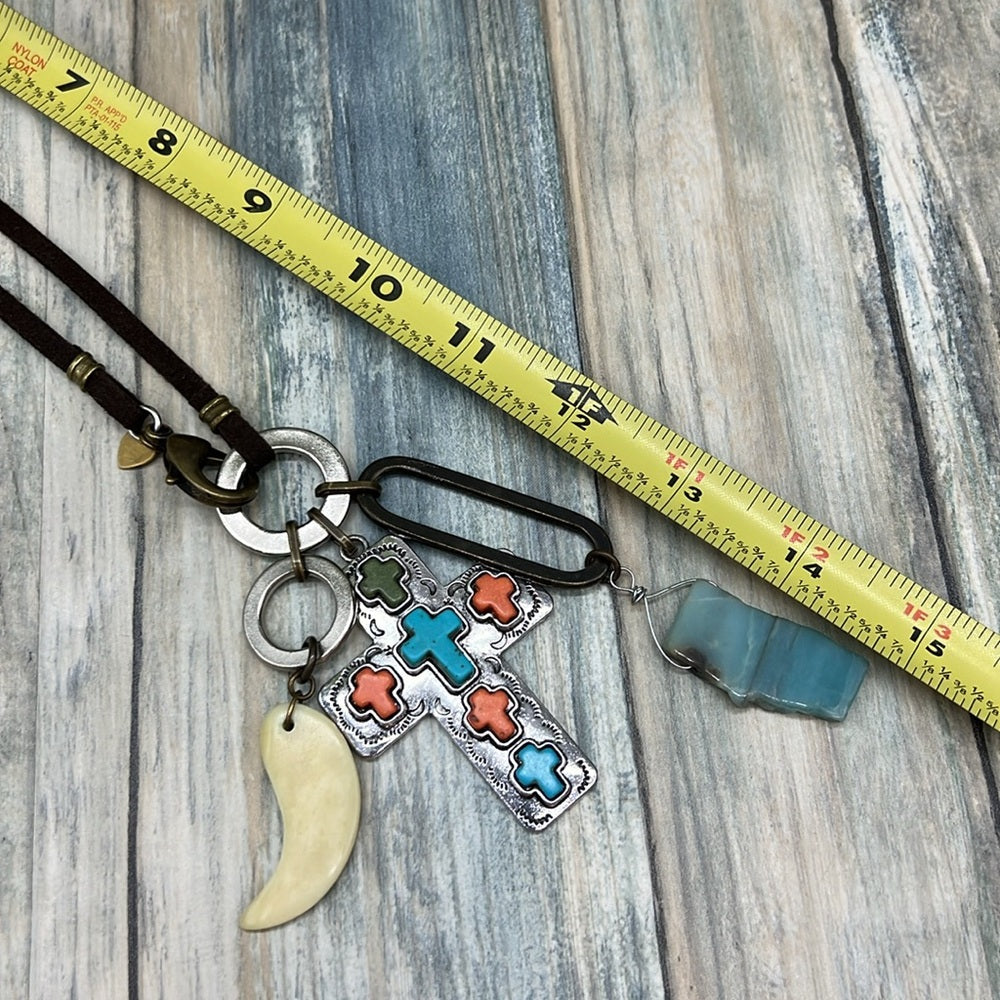 Adorned crown artisan assemblage turquoise cross bone larimar drop necklace