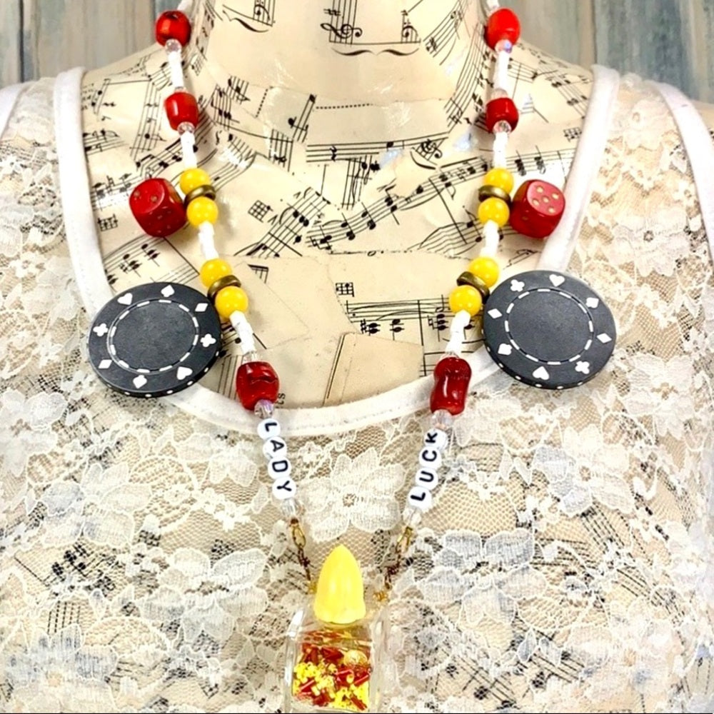 Adorned Crown artisan assemblage Lady Luck vintage game pieces necklace