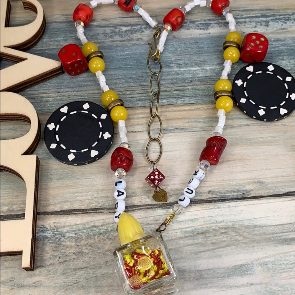 Adorned Crown artisan assemblage Lady Luck vintage game pieces necklace
