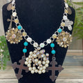 Adorned Crown artisan assemblage cross button Pearl cluster necklace