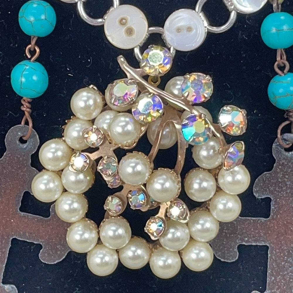 Adorned Crown artisan assemblage cross button Pearl cluster necklace
