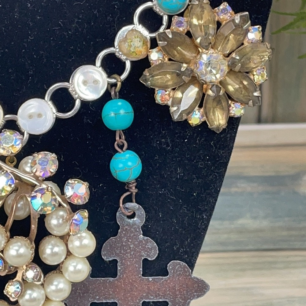 Adorned Crown artisan assemblage cross button Pearl cluster necklace