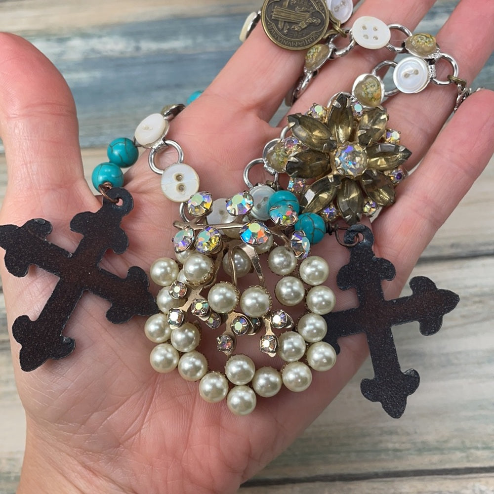 Adorned Crown artisan assemblage cross button Pearl cluster necklace