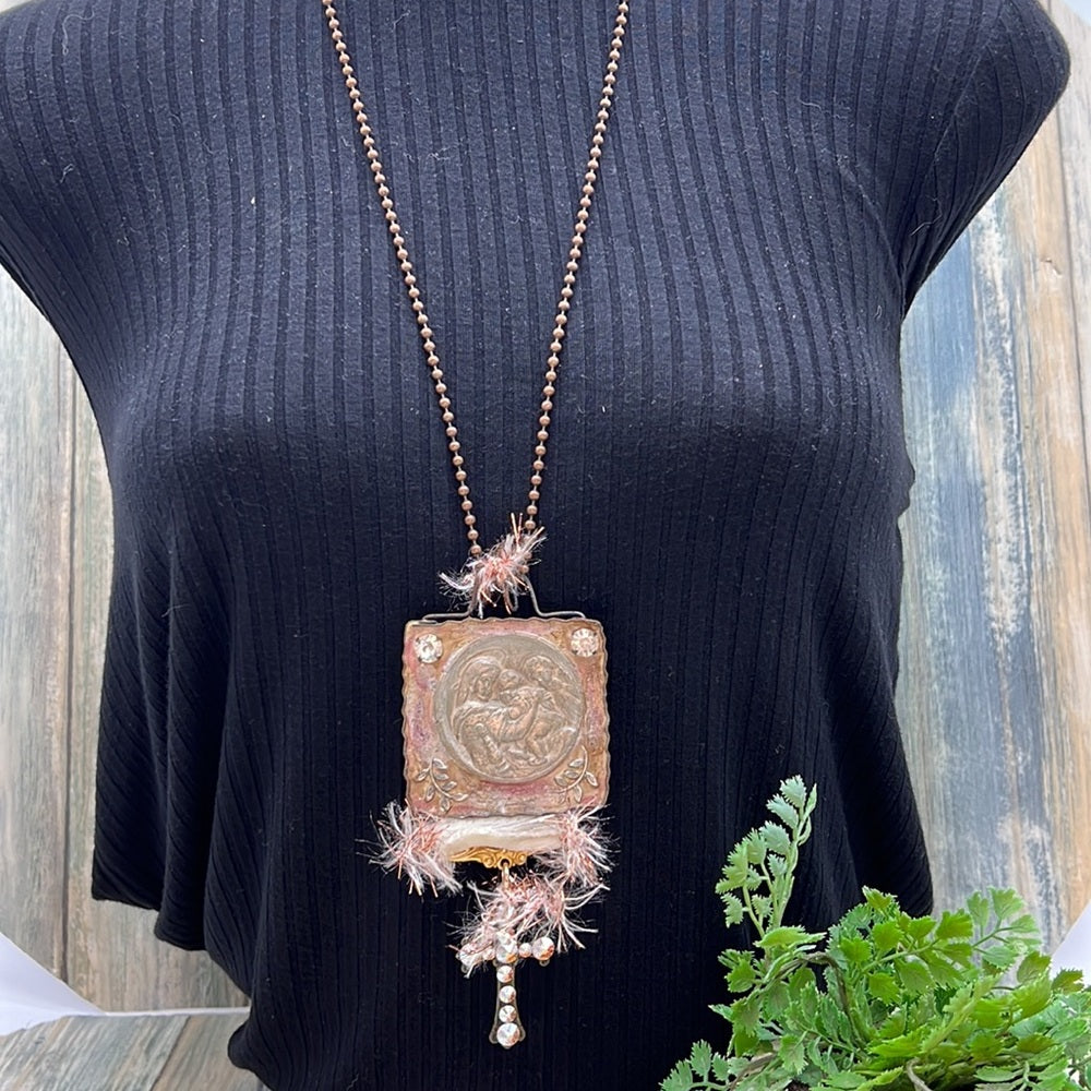 Adorned Crown Mary Jesus Joseph holy family rhinestone cross necklace