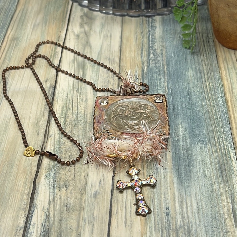 Adorned Crown Mary Jesus Joseph holy family rhinestone cross necklace