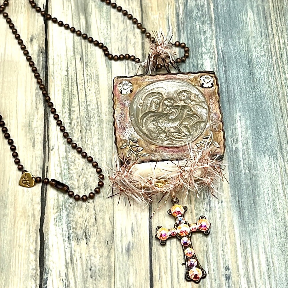 Adorned Crown Mary Jesus Joseph holy family rhinestone cross necklace