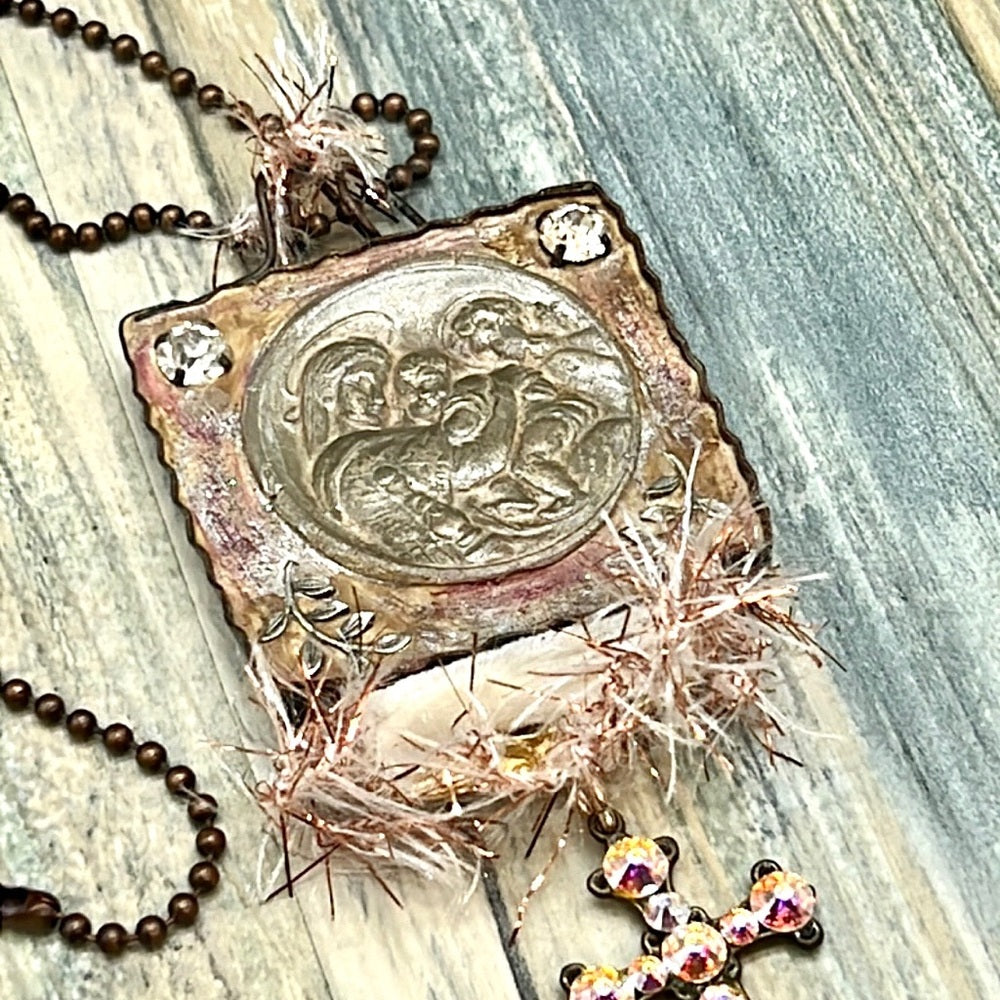 Adorned Crown Mary Jesus Joseph holy family rhinestone cross necklace