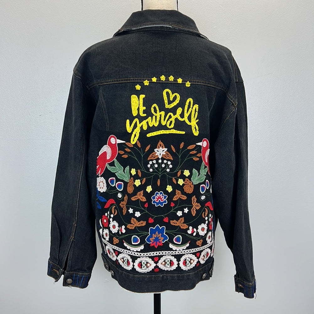 Adorned Crown Textile denim jacket embroidered custom be yourself altered XL