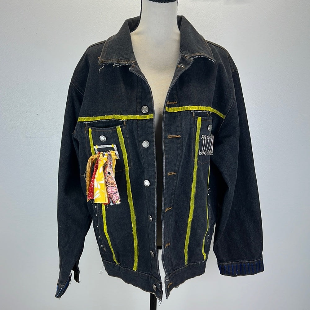 Adorned Crown Textile denim jacket embroidered custom be yourself altered XL