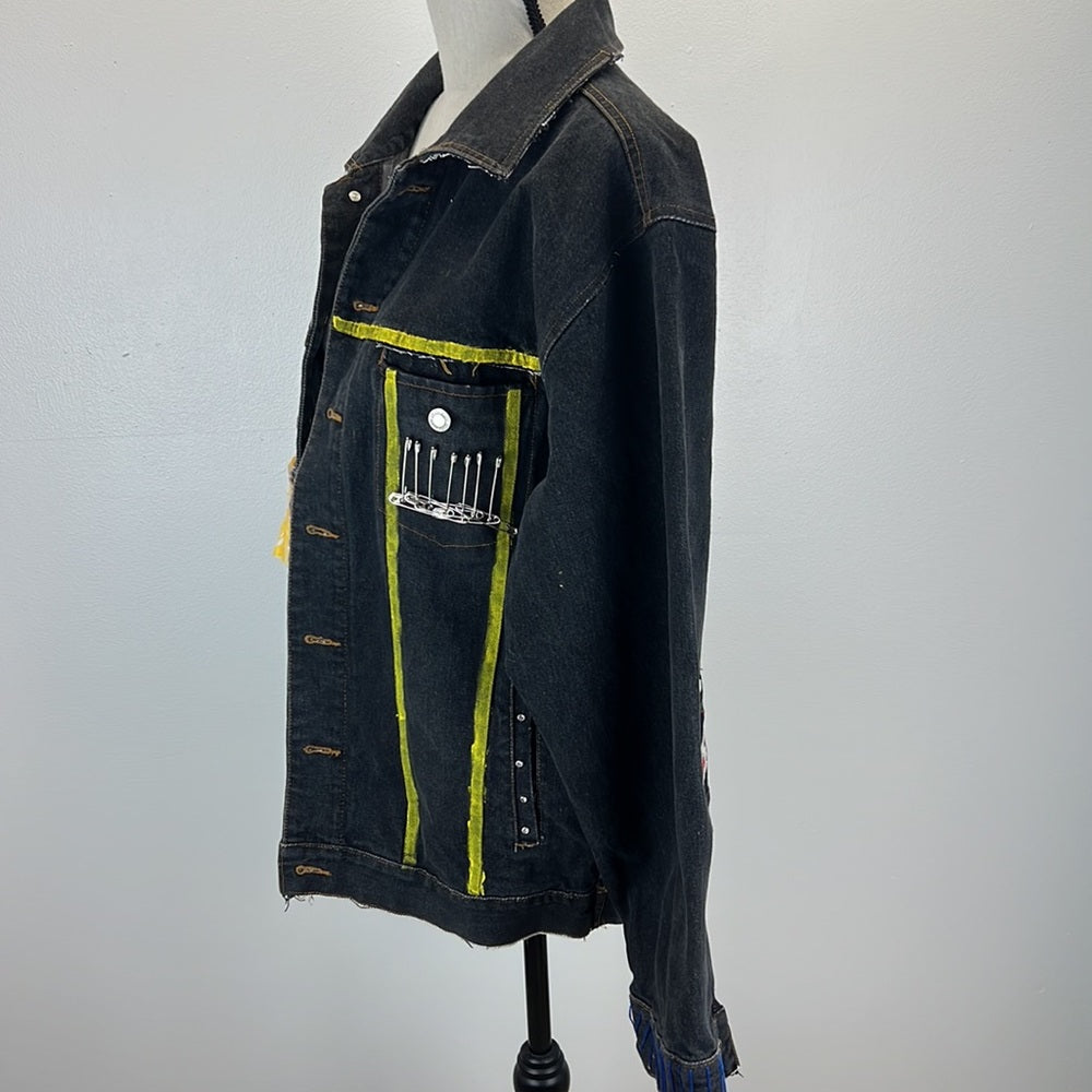Adorned Crown Textile denim jacket embroidered custom be yourself altered XL