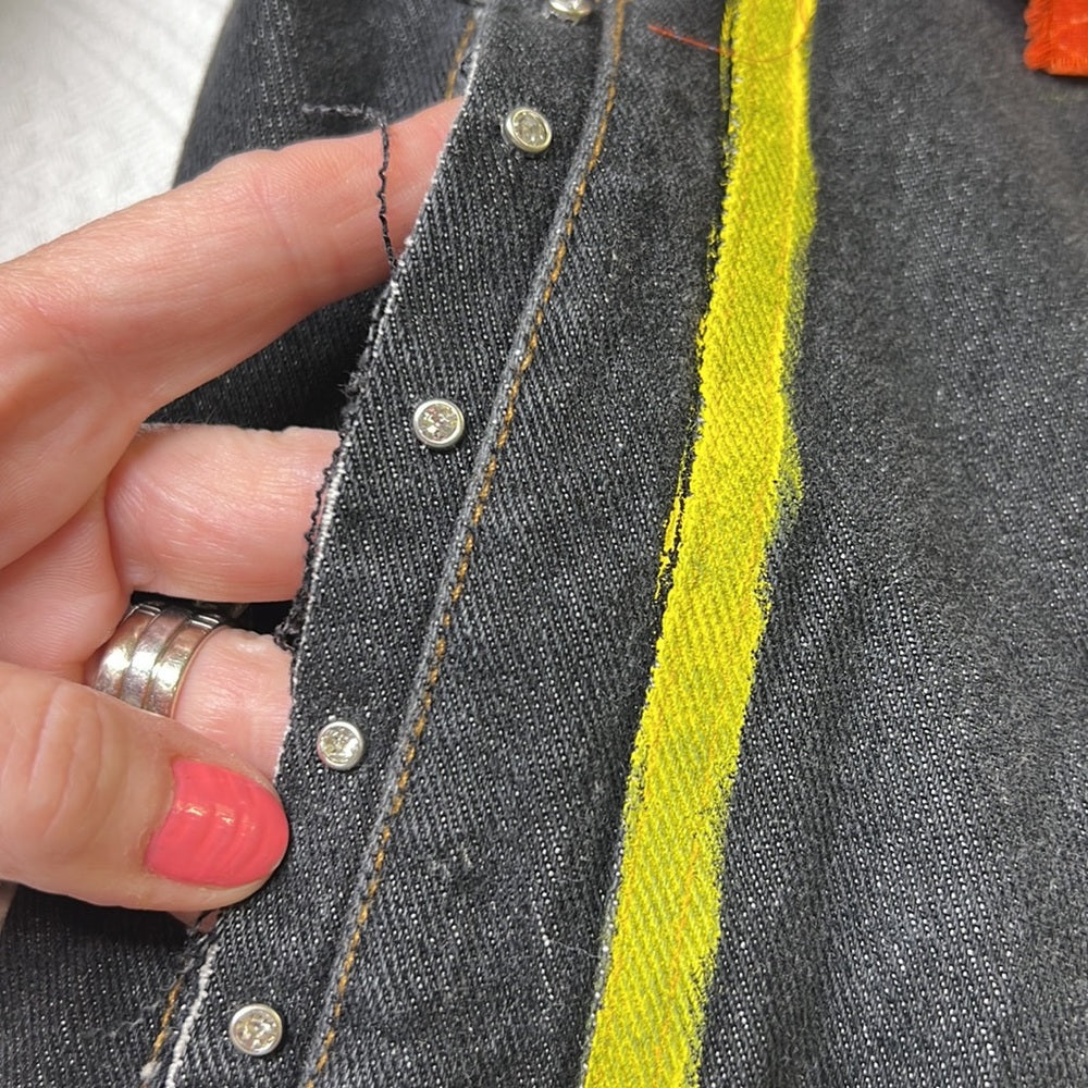Adorned Crown Textile denim jacket embroidered custom be yourself altered XL