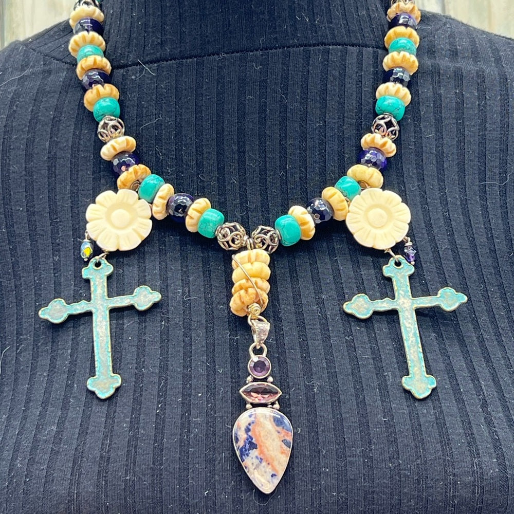 Adorned Crown Jewelry assemblage turquoises amethyst cross bone necklace