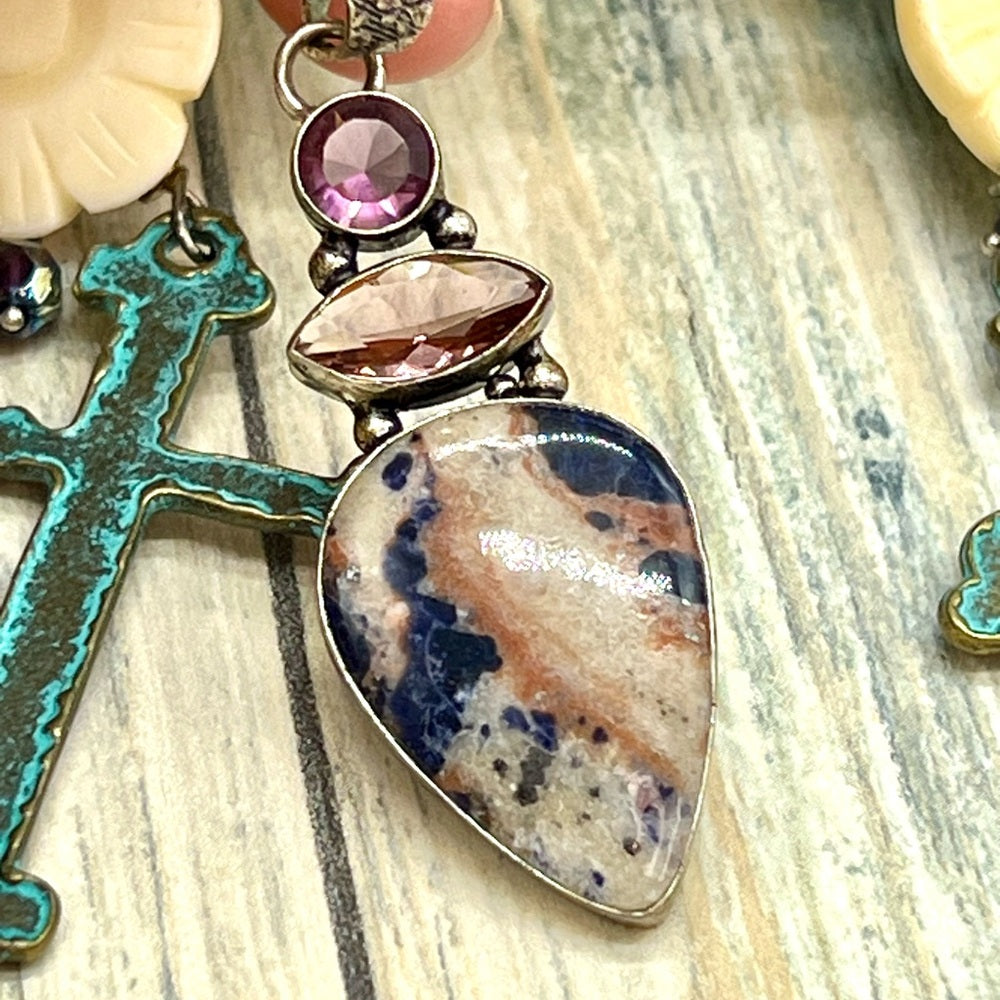 Adorned Crown Jewelry assemblage turquoises amethyst cross bone necklace