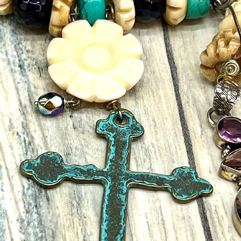 Adorned Crown Jewelry assemblage turquoises amethyst cross bone necklace