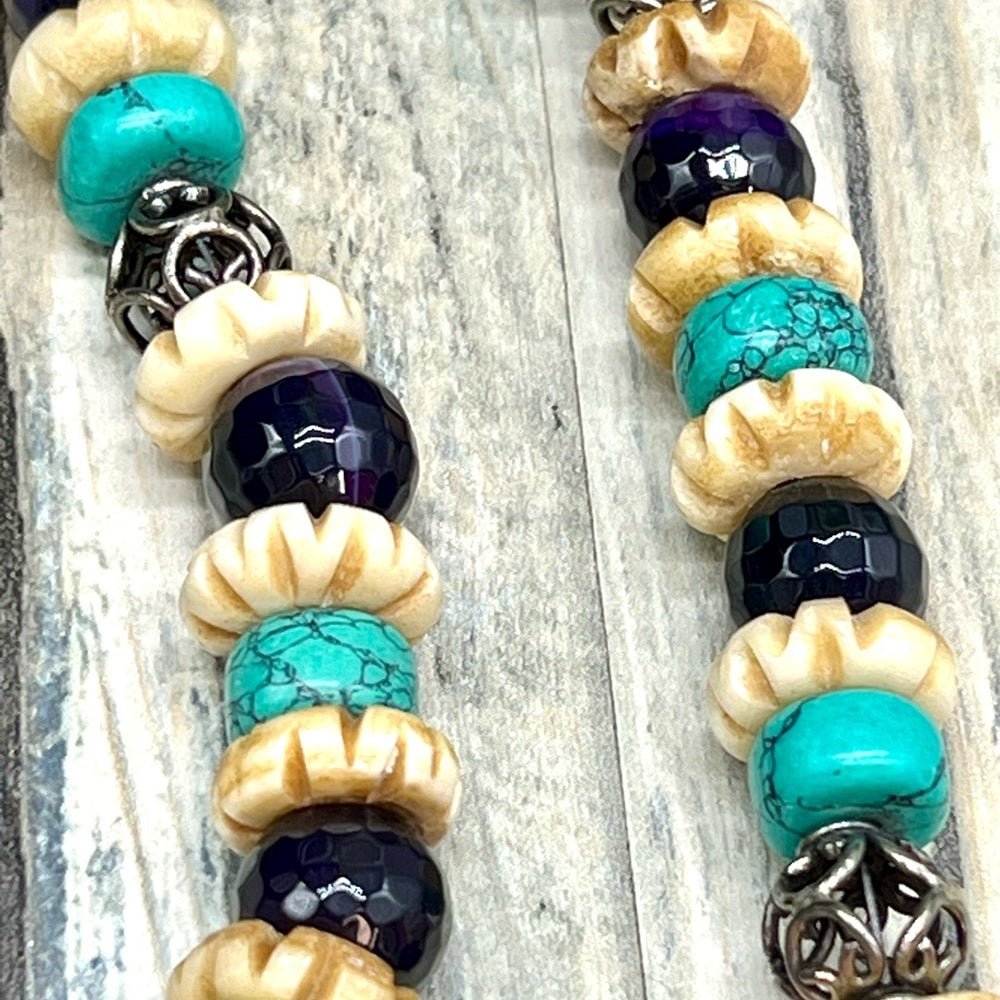 Adorned Crown Jewelry assemblage turquoises amethyst cross bone necklace
