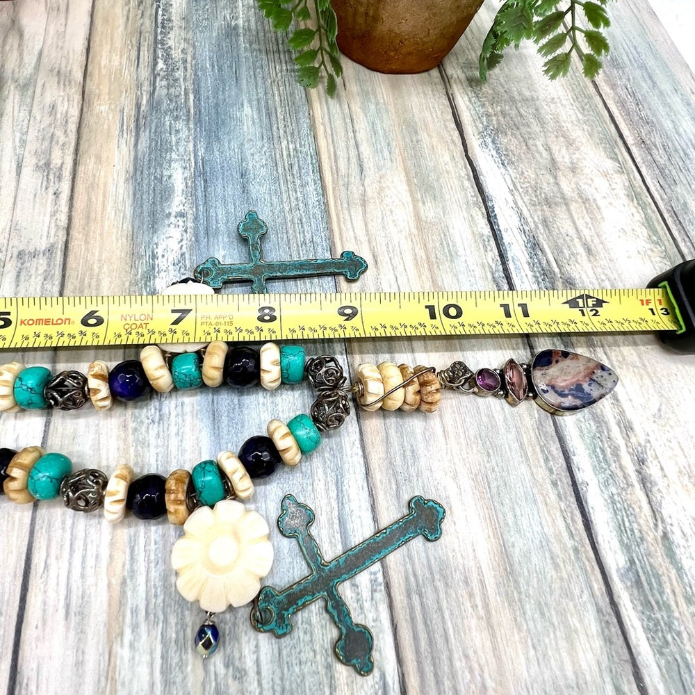 Adorned Crown Jewelry assemblage turquoises amethyst cross bone necklace