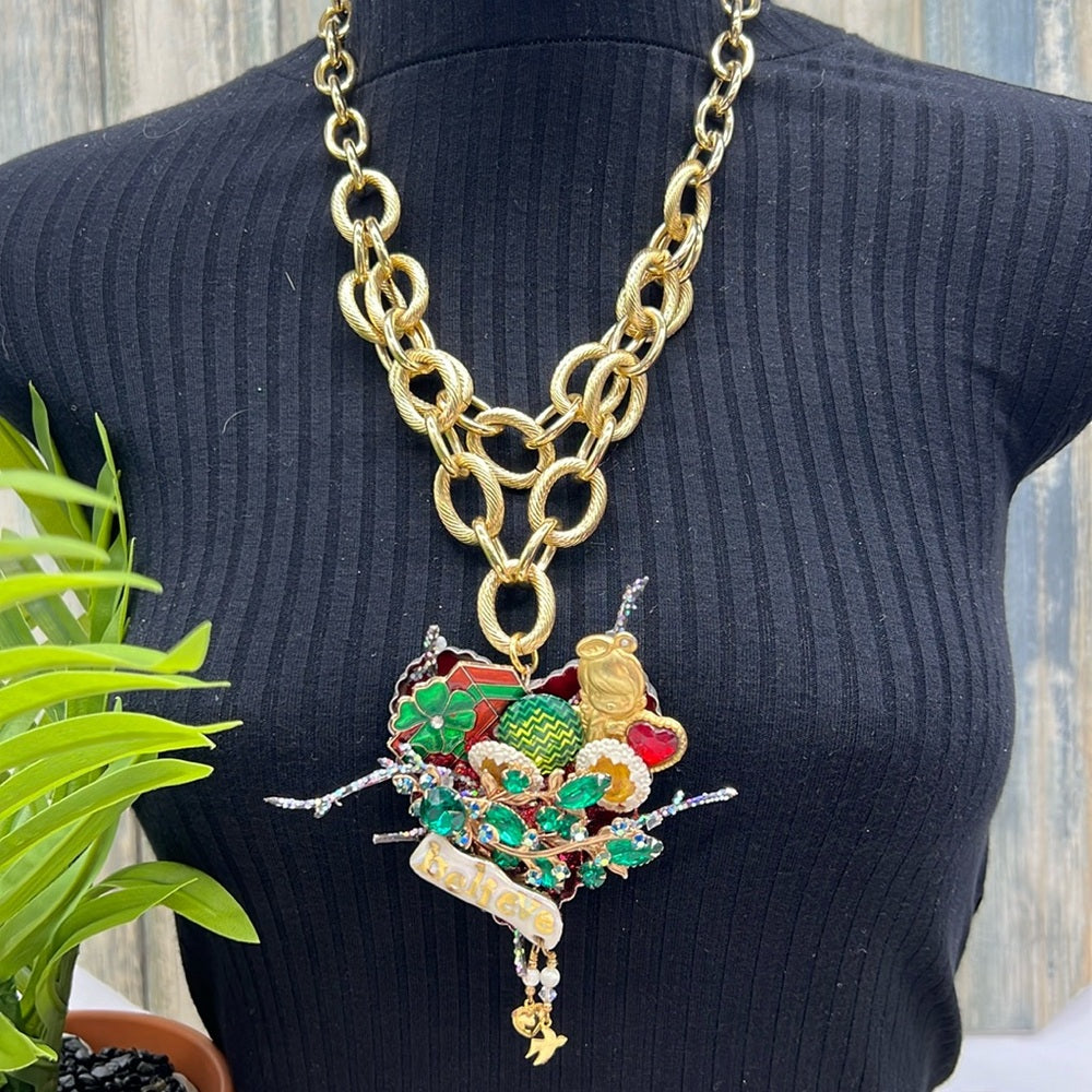Adorned Crown Jewelry assemblage Christmas believe angel cluster necklace