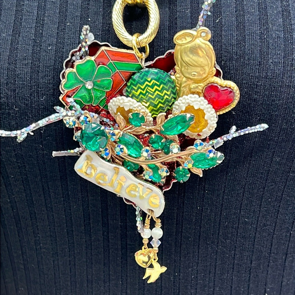 Adorned Crown Jewelry assemblage Christmas believe angel cluster necklace