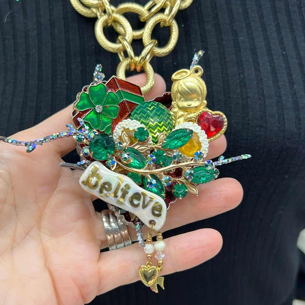 Adorned Crown Jewelry assemblage Christmas believe angel cluster necklace