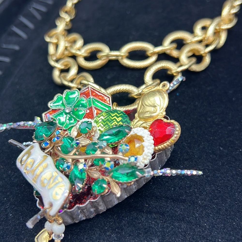 Adorned Crown Jewelry assemblage Christmas believe angel cluster necklace