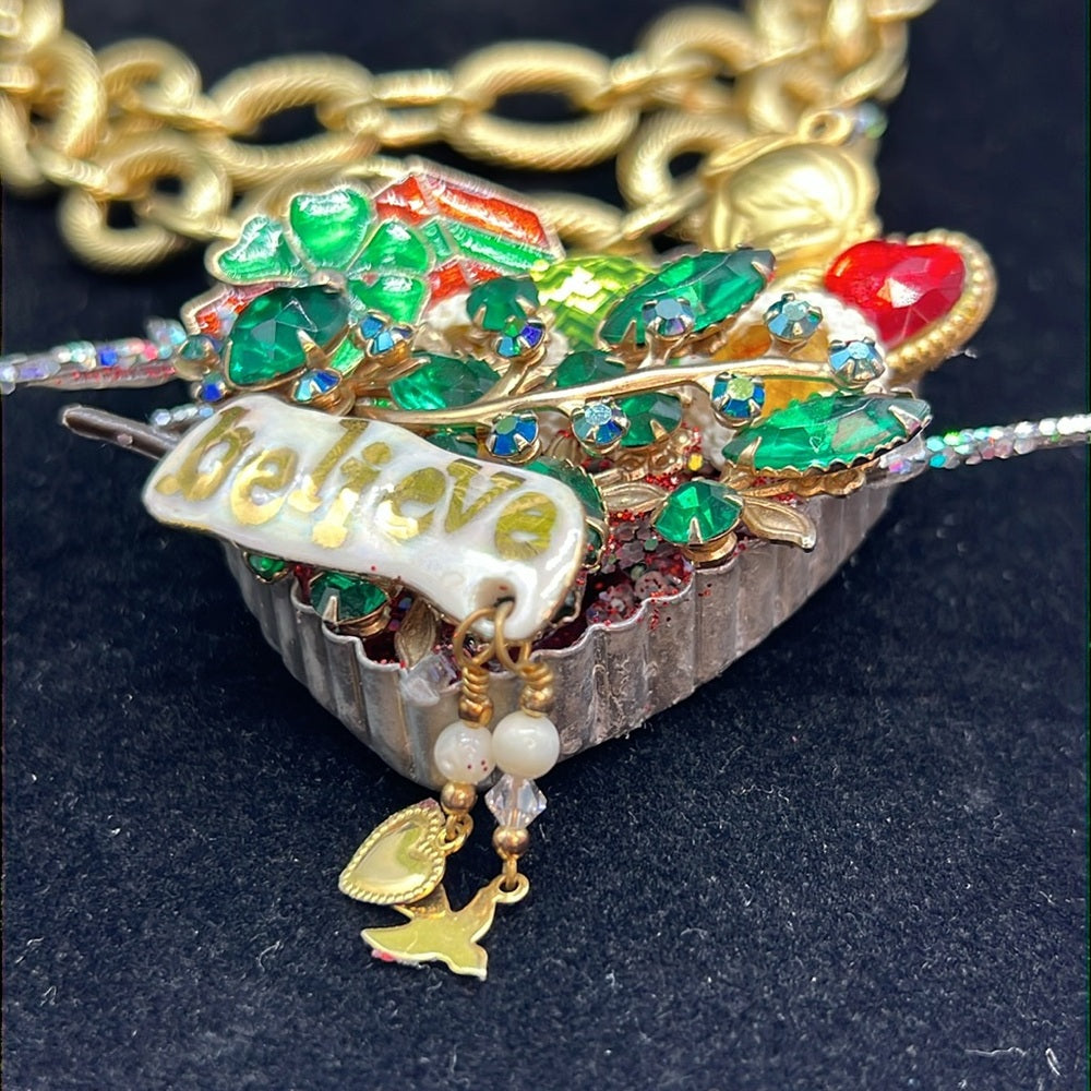 Adorned Crown Jewelry assemblage Christmas believe angel cluster necklace