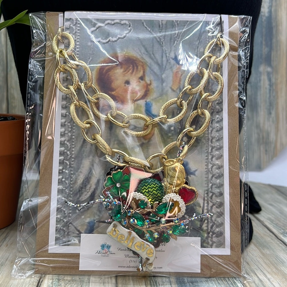 Adorned Crown Jewelry assemblage Christmas believe angel cluster necklace