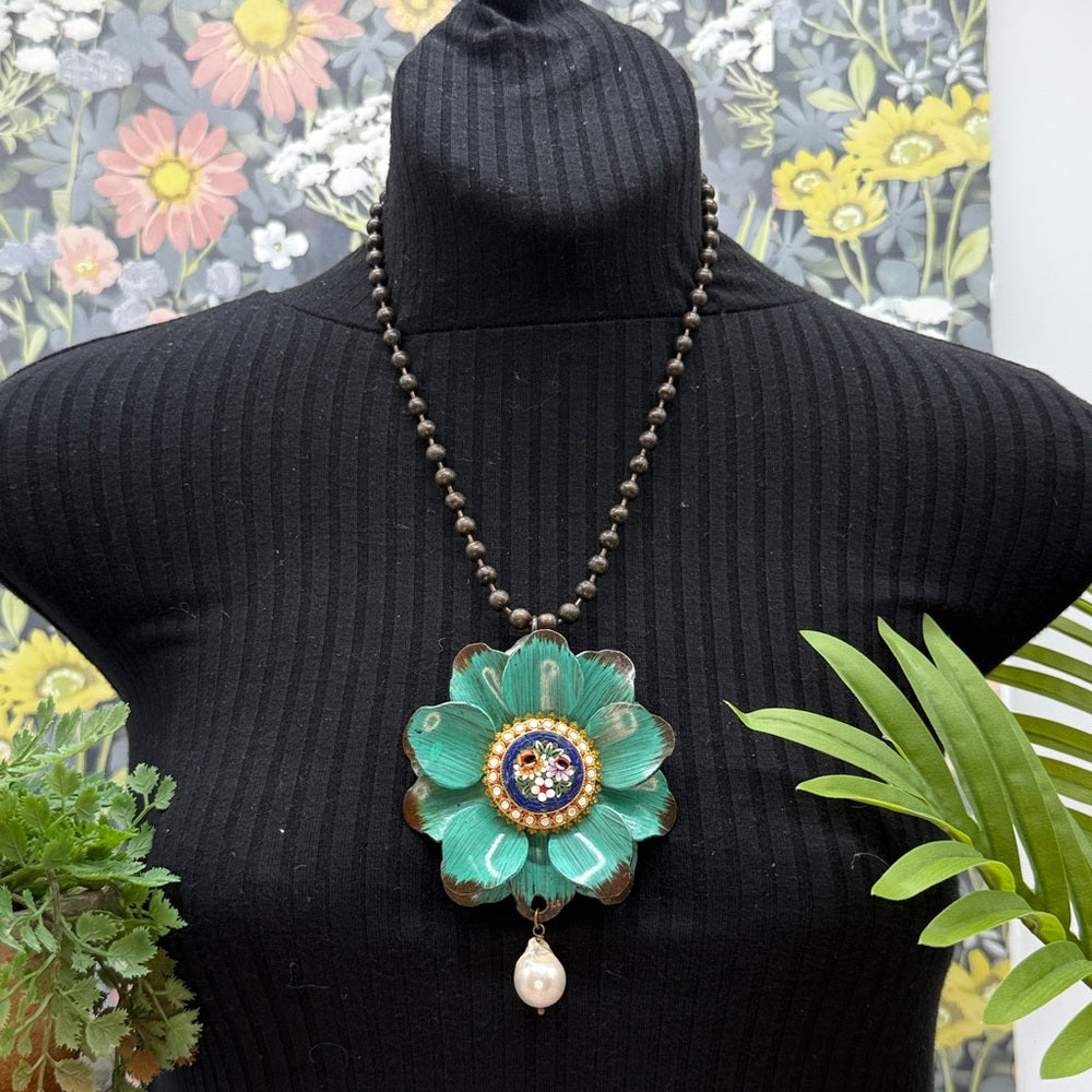 Adorned Crown Jewelry assemblage teal flower micro mosaic pearl drop necklace